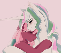 Size: 1815x1572 | Tagged: safe, artist:aztrial, cheerilee, princess celestia, alicorn, earth pony, pony, g4, alternate hairstyle, cheeribetes, cute, cutelestia, duo, eyes closed, feels, female, horn, hug, lesbian, mare, messy mane, ship:cheerilestia, shipping, simple background, white background