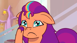Size: 956x540 | Tagged: safe, screencap, sunny starscout, earth pony, pony, g5, my bananas, my little pony: tell your tale, spoiler:g5, spoiler:my little pony: tell your tale, spoiler:tyts01e21, about to cry, animated, cute, eye shimmer, female, floppy ears, frown, mane stripe sunny, mare, sad, sadorable, solo, squishy cheeks, sunny sadscout, sunnybetes