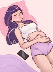 Size: 3066x4096 | Tagged: safe, artist:xqv33n13, twilight sparkle, human, g4, bare shoulders, cellphone, clothes, earbuds, eyes closed, female, humanized, jewelry, lying down, phone, pillow, ring, shorts, sleeveless, smartphone, solo, tank top