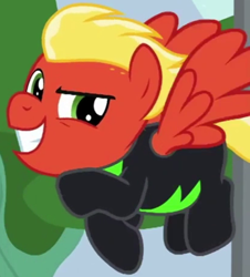 Size: 412x455 | Tagged: safe, screencap, short fuse, pegasus, pony, g4, the washouts (episode), clothes, cropped, grin, male, smiling, solo, stallion, uniform, washouts uniform