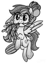 Size: 768x1024 | Tagged: safe, artist:sjart117, oc, oc only, oc:watermelana, pegasus, pony, :3, female, flying, food, freckles, gradient hooves, herbs, hoof hold, looking at you, mare, monochrome, mouth hold, pegasus oc, simple background, solo, watermelon, white background