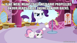 Size: 800x450 | Tagged: safe, edit, edited screencap, screencap, rarity, sweetie belle, pony, unicorn, g4, sisterhooves social, belle sisters, caption, female, filly, foal, image macro, mare, spongebob squarepants, text, the sponge who could fly