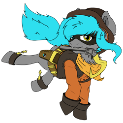 Size: 2500x2500 | Tagged: safe, artist:sorajona, oc, oc only, oc:sorajona, oc:sorajona darkwing, pegasus, pony, 2023 community collab, derpibooru community collaboration, boots, chest fluff, clothes, cooper cane, cosplay, costume, cowboy, cowboy boots, cowboy hat, female, hat, heterochromia, high res, holster, jumping, looking at you, mare, neckerchief, pegasus oc, shoes, simple background, sly cooper, solo, tennessee kid cooper, transparent background, western, wingless