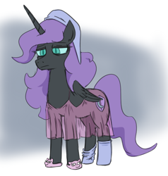 Size: 536x562 | Tagged: safe, artist:jargon scott, oc, oc only, oc:nyx, alicorn, pony, alicorn oc, clothes, female, hat, horn, lidded eyes, mare, nightcap, nightgown, see-through, sleepy, slippers, socks, solo, tired, wings