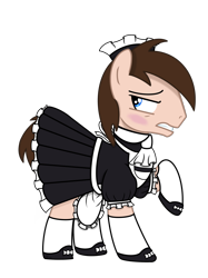 Size: 2048x2732 | Tagged: safe, artist:awgear, oc, oc only, oc:polished gear, earth pony, pony, 2023 community collab, derpibooru community collaboration, clothes, crossdressing, earth pony oc, embarrassed, high res, maid, male, simple background, socks, solo, stallion, transparent background