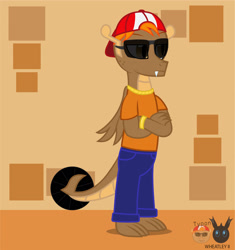 Size: 1759x1868 | Tagged: safe, artist:wheatley r.h., derpibooru exclusive, oc, oc only, oc:tyoon, dragon, baseball cap, cap, clothes, denim, dragon oc, folded wings, hat, jeans, jewelry, male, necklace, non-pony oc, pants, simple background, solo, sunglasses, watermark, wings