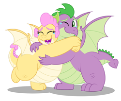 Size: 1280x1067 | Tagged: safe, artist:aleximusprime, spike, oc, oc:buttercream the dragon, dragon, fanfic:go north young dragon, flurry heart's story, g4, aleximusprime is trying to murder us, brother and sister, crying, cute, dragon oc, dragoness, duo, duo male and female, eyes closed, fangs, fat, fat spike, female, hug, male, non-pony oc, older, older spike, one eye closed, open mouth, open smile, reunion, siblings, simple background, smiling, spikabetes, spread wings, standing, standing on one leg, tears of joy, transparent background, wholesome, wings