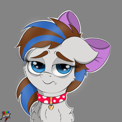 Size: 4200x4200 | Tagged: safe, artist:engi, oc, oc only, oc:breezy, earth pony, pony, bow, chest fluff, collar, earth pony oc, eyebrows, female, gray background, hair bow, looking at you, outline, sad, simple background, solo, white outline