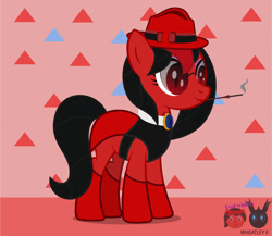 Size: 1842x1600 | Tagged: safe, artist:wheatley r.h., derpibooru exclusive, oc, oc only, oc:red widow, earth pony, pony, cigarette, cigarette holder, earth pony oc, eyeshadow, female, gem, glasses, hat, jewelry, long hair, makeup, mare, necklace, purple eyeshadow, simple background, slit pupils, smoking, solo, vector, watermark