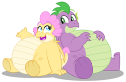 Size: 1280x839 | Tagged: safe, artist:aleximusprime, spike, oc, oc:buttercream the dragon, dragon, fanfic:go north young dragon, flurry heart's story, belly, big belly, brother and sister, dragon oc, dragoness, duo, duo male and female, fangs, fat, fat spike, female, looking at each other, looking at someone, male, non-pony oc, older, older spike, open mouth, open smile, siblings, simple background, sitting, smiling, transparent background