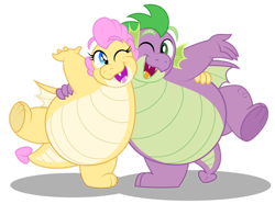 Size: 1280x951 | Tagged: safe, artist:aleximusprime, spike, oc, oc:buttercream the dragon, dragon, fanfic:go north young dragon, flurry heart's story, g4, brother and sister, dragon oc, dragoness, duo, duo male and female, fangs, fat, fat spike, female, hug, looking at each other, looking at someone, male, non-pony oc, older, older spike, open mouth, open smile, siblings, simple background, smiling, standing, standing on one leg, transparent background