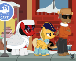 Size: 2003x1600 | Tagged: safe, artist:wheatley r.h., derpibooru exclusive, oc, oc only, oc:captain price, oc:red widow, oc:tyoon, dragon, earth pony, pegasus, pony, g4, beret, bus stop, cake, captain hat, cigarette, cigarette holder, clothes, cold, dragon oc, eyeshadow, female, folded wings, food, fur coat, gem, glasses, hat, jacket, jewelry, makeup, male, manehattan, mare, necklace, non-pony oc, pegasus oc, pony oc, purple eyeshadow, scarf, slit pupils, smoking, snow, street, trio, unamused, vector, watermark, wings, winter hat, winter outfit
