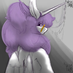 Size: 1000x1000 | Tagged: safe, alternate version, artist:voxtra, oc, oc only, alicorn, pony, alicorn oc, fantasy, gold glasses, gray background, harsh lighting, horix harleen, horn, horn jewelry, jewelry, large horn, looking at you, looking back, looking back at you, purple eyes, purple hair, purple mane, simple background, sketch, sketch dump, solo, spread wings, upset, white coat, wings