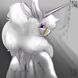 Size: 1000x1000 | Tagged: safe, alternate version, artist:voxtra, oc, oc only, alicorn, pony, alicorn oc, fantasy, glasses, gray background, horix harleen, horn, horn jewelry, jewelry, long horn, looking at you, looking back, looking back at you, purple eyes, purple hair, purple mane, simple background, sketch, sketch dump, solo, spread wings, upset, white coat, wings