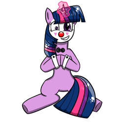 Size: 1200x1200 | Tagged: safe, artist:twi clown, oc, oc:twi clown, pony, unicorn, 2023 community collab, derpibooru community collaboration, g4, bowtie, clone, clown, cuffs (clothes), eye twitch, glowing, glowing horn, horn, not twilight sparkle, red nose, simple background, solo, transparent background