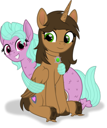 Size: 2751x3268 | Tagged: safe, artist:kitana762, oc, oc only, oc:coral spice, oc:kitana, alicorn, merpony, pony, 2023 community collab, derpibooru community collaboration, alicorn oc, duo, high res, horn, jewelry, merpony oc, necklace, simple background, smiling, transparent background, vector, wings