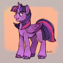 Size: 1335x1333 | Tagged: safe, artist:birdoffnorth, twilight sparkle, alicorn, classical unicorn, pony, g4, cloven hooves, female, grin, horn, mare, passepartout, signature, slender, smiling, solo, thin, twilight sparkle (alicorn), unshorn fetlocks