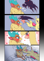 Size: 3732x5197 | Tagged: safe, artist:abyssalrabbit, paprika (tfh), velvet (tfh), alpaca, deer, fluffers, reindeer, wolf, them's fightin' herds, 4 panel comic, bed, blood, blushing, comic, community related, dream, eye contact, female, heart, kicking, lesbian, looking at each other, looking at someone, no dialogue, open mouth, shipping, sleeping, smiling, velverika