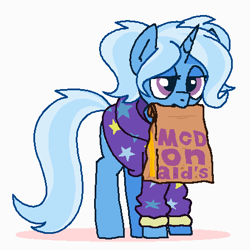 Size: 449x449 | Tagged: safe, artist:kleyime, derpibooru exclusive, trixie, pony, unicorn, alternate hairstyle, babysitter trixie, clothes, female, food, hoodie, lidded eyes, mare, mcdonald's, mouth hold, simple background, solo, tired, white background