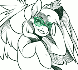 Size: 3000x2685 | Tagged: safe, artist:koboldcourier, oc, oc:ender, pegasus, pony, bust, cute, eyebrows, glasses, high res, looking at you, male, monochrome, pegasus oc, pen drawing, portrait, raised eyebrow, sketch, smiling, smiling at you, solo, spread wings, stallion, sunglasses, traditional art, wings