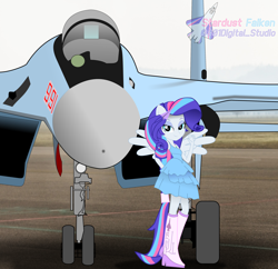 Size: 3102x3000 | Tagged: safe, artist:rarity3257, rarity, oc, oc:stardust falken, alicorn, human, original species, pony, equestria girls, g4, ace combat, bedroom eyes, equestria girls-ified, eyebrows, eyeshadow, fall formal outfits, heart eyes, high res, jet, jet fighter, looking at you, makeup, military aviation, plane, ponied up, real life background, smiling, smiling at you, solo, su-35, su-35s, su-35s super flanker, sukhoi, wingding eyes
