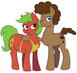 Size: 2305x2185 | Tagged: safe, artist:feralroku, oc, oc only, oc:cayenne, oc:strong runner, earth pony, pony, 2023 community collab, derpibooru community collaboration, apron, chubby, clothes, duo, earth pony oc, female, freckles, high res, hug, male, mare, one eye closed, simple background, smiling, stallion, transparent background, wink