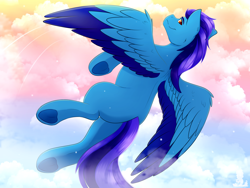 Size: 4000x3000 | Tagged: safe, artist:monsoonvisionz, oc, oc only, pegasus, pony, blue, blue coat, blue wings, butt, cheek fluff, cloud, colored wings, ear fluff, flying, motion lines, pegasus oc, plot, short mane, sky, solo, spread wings, sternocleidomastoid, two toned wings, underhoof, wing fluff, wings