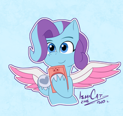 Size: 1296x1221 | Tagged: safe, artist:ismazhecat, glory (g5), pegasus, pony, g5, cellphone, cute, female, filly, foal, glorydorable, mare, phone, smartphone, smiling, solo, spread wings, wings