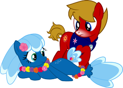 Size: 1200x861 | Tagged: safe, oc, oc only, oc:max mustang, oc:sea foam ep, earth pony, pony, 2023 community collab, derpibooru community collaboration, armor node, clothes, duo, earth pony oc, female, flower, flower on ear, lei, lying down, male, mare, on side, pearl fragment, seaponified, simple background, snow tip nose, species swap, stallion, surprised, transparent background, vest