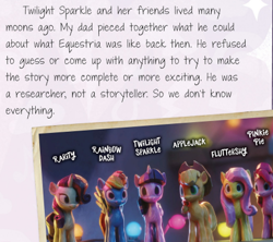 Size: 435x386 | Tagged: safe, screencap, applejack, fluttershy, pinkie pie, rainbow dash, rarity, twilight sparkle, alicorn, earth pony, pegasus, pony, unicorn, g4, sunny starscout's book of adventure, mane six, photo, text, twilight sparkle (alicorn)