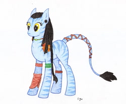 Size: 902x746 | Tagged: safe, artist:philo5, alien, alien pony, na'vi, pony, female, james cameron's avatar, mare, neytiri, ponified, simple background, solo, stripes, traditional art, white background