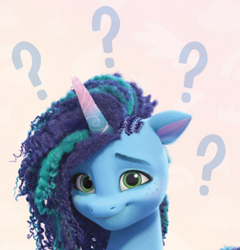 Size: 384x400 | Tagged: safe, misty brightdawn, pony, unicorn, g5, sunny starscout's book of adventure, confused, cornrows, female, freckles, mare, question mark, reaction image, render, solo