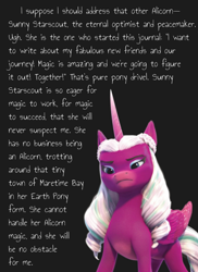 Size: 432x595 | Tagged: safe, opaline arcana, alicorn, pony, g5, official, sunny starscout's book of adventure, spoiler:g5, book, eyeshadow, female, frown, implied sunny starscout, makeup, mare, opaline arcana is not amused, render, solo, text, unamused