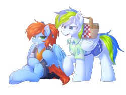 Size: 2160x1641 | Tagged: safe, artist:movieskywalker, derpibooru exclusive, oc, oc only, oc:morning star, oc:rain bow, pegasus, pony, 2023 community collab, derpibooru community collaboration, basket, blue skin, clothes, duo, enclave, female, green eyes, looking at each other, looking at someone, male, multicolored hair, orange hair, pegasus oc, picnic basket, simple background, sitting, smiling, smiling at each other, spread wings, swimsuit, transparent background, wings