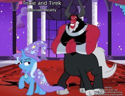 Size: 1000x766 | Tagged: safe, artist:nukarulesthehouse1, artist:voiceactorbobbyg25, lord tirek, trixie, centaur, pony, unicorn, taur, g4, alternate universe, bracer, cape, clothes, cloven hooves, colored hooves, duo, female, hat, male, mare, nose piercing, nose ring, piercing, trixie's cape, trixie's hat