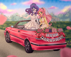 Size: 4500x3600 | Tagged: safe, artist:lucy-tan, fluttershy, rarity, human, equestria girls, g4, absolute cleavage, alternate hairstyle, bare shoulders, breasts, busty fluttershy, busty rarity, car, cleavage, clothes, commission, convertible, dress, duo, duo female, female, fingernails, flower, just married, lesbian, lesbian wedding, lipstick, long nails, marriage, nail polish, saab, ship:flarity, shipping, sleeveless, smiling, wedding, wedding dress