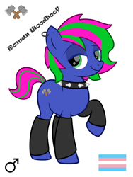 Size: 3000x4000 | Tagged: safe, artist:emperor-anri, artist:jamextreme140, oc, oc only, oc:roman woodhoof, pony, g4, base used, choker, clothes, collar, ear piercing, earring, hatchet, jewelry, lgbt, looking at you, male, male symbol, piercing, pride, pride flag, raised hoof, simple background, socks, solo, spiked collar, trans male, transgender, transgender pride flag, white background