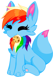 Size: 820x1200 | Tagged: safe, artist:rainbow eevee, oc, oc only, oc:rainbow eevee, eevee, pony, 2023 community collab, derpibooru community collaboration, cheek fluff, chest fluff, colorful, cookie, cute, eating, eyelashes, eyes closed, female, food, ice cream, mouth hold, multicolored hair, nom, not rainbow dash, paw pads, pokémon, rainbow hair, simple background, sitting, solo, transparent background, vector