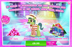Size: 1958x1302 | Tagged: safe, gameloft, sideshow slim, earth pony, pony, g4, my little pony: magic princess, advertisement, background character, background pony, bowtie, bush, clothes, costs real money, dance dance revolution, english, facial hair, gem, hat, introduction card, male, mobile game, moustache, numbers, sale, solo, speaker, stallion, text