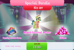 Size: 1267x854 | Tagged: safe, gameloft, sideshow slim, earth pony, pony, g4, my little pony: magic princess, background character, background pony, bowtie, bundle, bush, clothes, costs real money, dance dance revolution, english, facial hair, gem, hat, male, mobile game, moustache, numbers, sale, solo, speaker, stallion, text