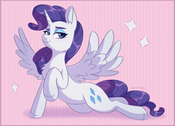 Size: 1804x1299 | Tagged: safe, artist:skysorbett, derpibooru exclusive, rarity, alicorn, pony, g4, alicornified, chest fluff, female, lidded eyes, looking at you, mare, princess rarity, race swap, raised hoof, raricorn, smiling, solo, sparkles, spread wings, wings