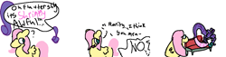 Size: 1027x257 | Tagged: safe, artist:mixdoingart, fluttershy, rarity, pegasus, pony, shrimp, unicorn, g4, comic, dialogue, duo, fainting couch, female, mare, marshmelodrama, pun, rarity being rarity, simple background, species swap, speech bubble, visual pun, wat, white background