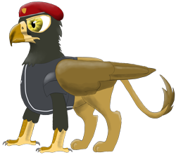 Size: 2403x2124 | Tagged: safe, artist:jack-varus, oc, oc only, oc:sion, griffon, 2023 community collab, derpibooru community collaboration, cap, griffon oc, hat, high res, mercenary, simple background, solo, talons, transparent background