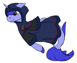 Size: 1408x1152 | Tagged: safe, artist:multiverseequine, derpibooru exclusive, oc, oc only, oc:gammaxai, pony, seapony (g4), unicorn, brown eyes, clothes, fins, fish tail, full body, hood, horn, male, order of the arrow, robe, seapony oc, simple background, solo, stallion, swimming, tail, transparent background, unicorn oc