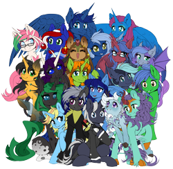 Size: 4221x4114 | Tagged: safe, artist:st. oni, oc, oc only, oc:anima, oc:arc pyre, oc:coco chaude, oc:frostfall, oc:helium star, oc:lady foxtrot, oc:liondrome, oc:pincer, oc:ryonia coruscare, oc:searing cold, oc:silver wing (batpony), oc:skitty, oc:skydreams, oc:sparky showers, oc:star thistle, oc:starveon, oc:staticspark, oc:stormy skies, oc:way right, alicorn, bat pony, changeling, deer, earth pony, goo, goo pony, kirin, original species, pegasus, pony, unicorn, 2023 community collab, derpibooru community collaboration, clothes, colored, cucumber, flat colors, food, group, horns, looking at you, simple background, sitting, smiling, spread wings, suit, transparent background, waving, wings