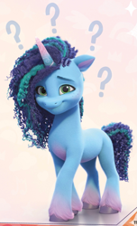 Size: 1383x2269 | Tagged: safe, misty brightdawn, pony, unicorn, g5, sunny starscout's book of adventure, cropped, cute, female, looking at you, mare, question mark, smiling, smiling at you, solo, tail, unshorn fetlocks