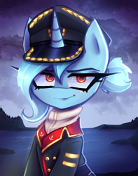 Size: 2161x2745 | Tagged: safe, artist:opal_radiance, oc, oc only, oc:karina, pony, unicorn, equestria at war mod, clothes, eyebrows, female, hat, high res, horn, looking at you, mare, military uniform, smiling, smiling at you, smirk, solo, staliongrad, unicorn oc, uniform