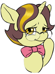 Size: 540x720 | Tagged: safe, artist:multiverseequine, derpibooru exclusive, oc, oc only, oc:golden trim, pony, unicorn, boop, bowtie, bust, colt, cute, foal, glasses, horn, male, multicolored hair, pink bow, self-boop, simple background, smug, solo, transparent background, unicorn oc, yellow eyes