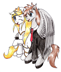 Size: 2013x2366 | Tagged: safe, artist:40kponyguy, derpibooru exclusive, oc, oc only, oc:jezza, oc:tecuro, pegasus, pony, unicorn, 2023 community collab, derpibooru community collaboration, clothes, dress, duo, ear fluff, female, high res, horn, hug, jacket, jewelry, looking at each other, looking at someone, male, mare, necktie, open mouth, open smile, pegasus oc, raised hoof, simple background, smiling, stallion, tiara, traditional art, transparent background, unicorn oc, unshorn fetlocks, wedding dress