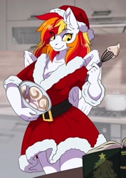 Size: 2480x3508 | Tagged: safe, artist:arctic-fox, oc, oc only, oc:diamond sun, pegasus, anthro, batter, book, christmas, clothes, cooking, costume, egg beater, female, food, hat, high res, holiday, kitchen, mare, santa costume, santa hat, solo